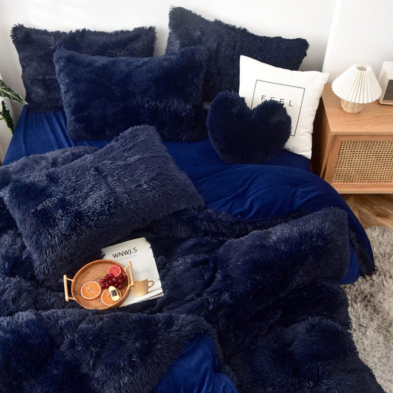 MorroMorn 5 PCS Shaggy Duvet Cover Bedding Set - Long Faux Fur Luxury Ultra Soft (Navy, Full/Queen) - Image 2
